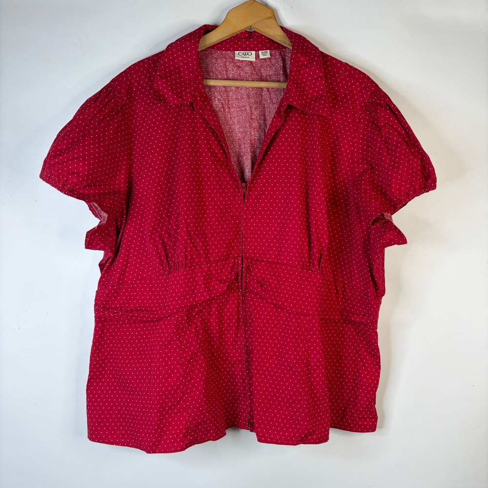 Cato Blouse Womens 26/28W Red Polka Dot Zip Front Puff Sleeve Retro Plus Size